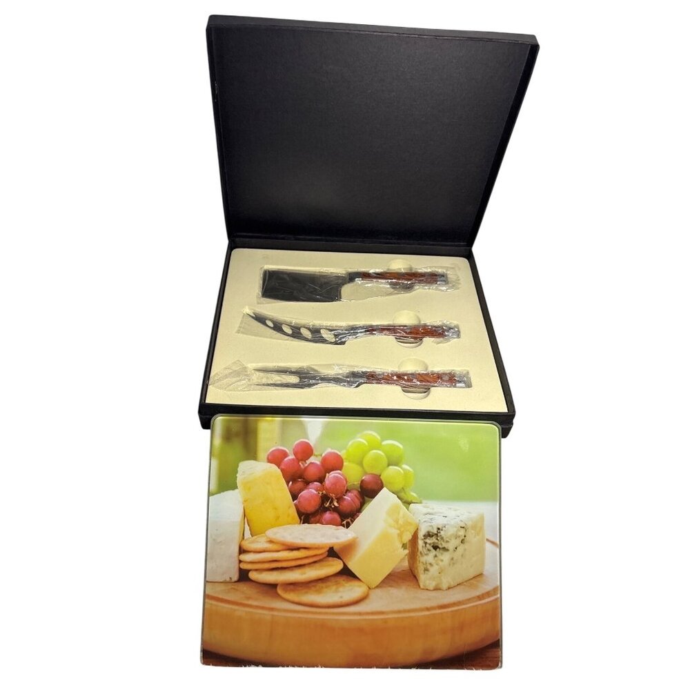 Cheese Board Set 3 Stainless Steel Knives Decorative Glass Cutting Board Gift Bo